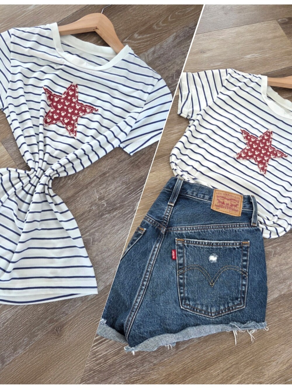 Disney Mickey Mouse White Navy Striped Tee Shirt with Red Star Applique Rayon